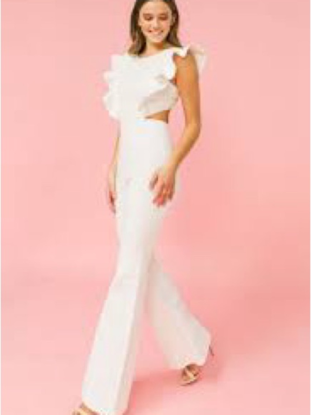 White Ruffle-Shoulder Cutout Jumpsuit - Picture 2 of 2